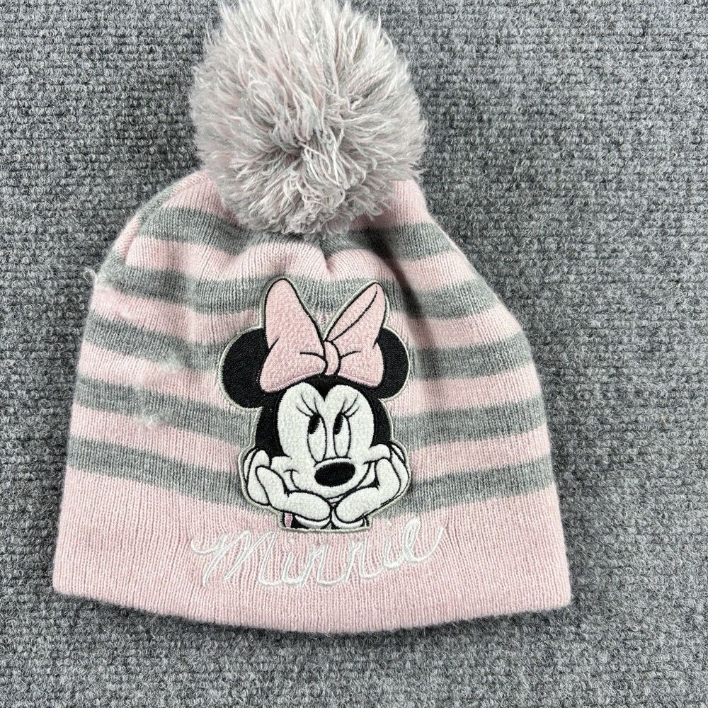 Disney Minnie Mouse Beanie Toddler 2T-5T US Pink Gray Stripe Pom Minnie